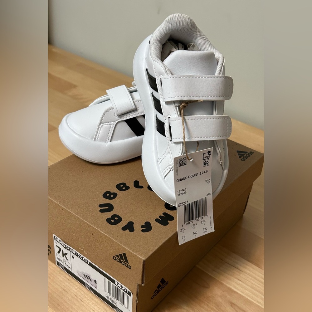 Adidas Grand Court 2.0 CF Kids 7K White Black Strap Tennis Sneakers NWT